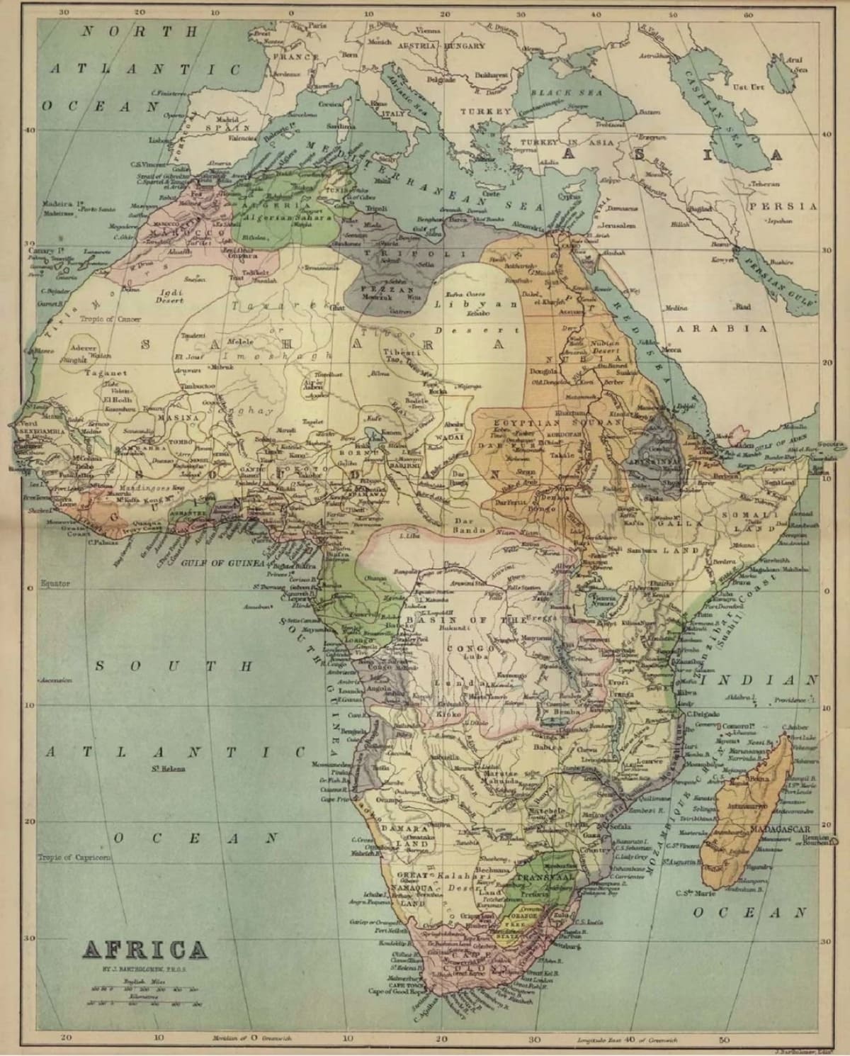 Mapa de África em 1885 por Bartholomew